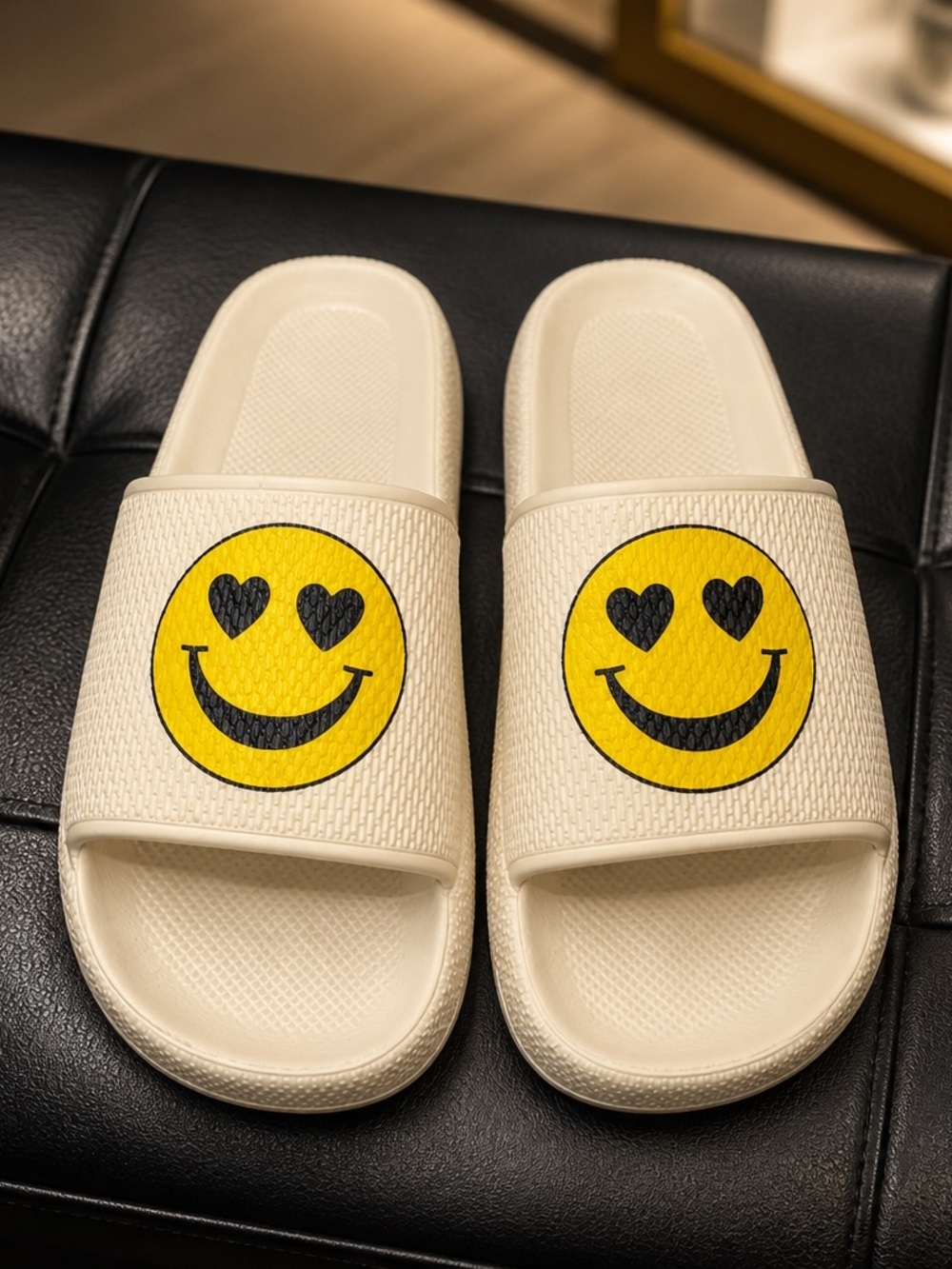 Bobbie Brooks Cream Slide Sandals with Yellow Smiley Face NWT